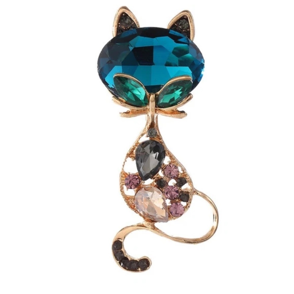 Vintage Style Teal Blue Crystal Cat Brooch Gold Tone Rhinestone Pin Jewelry